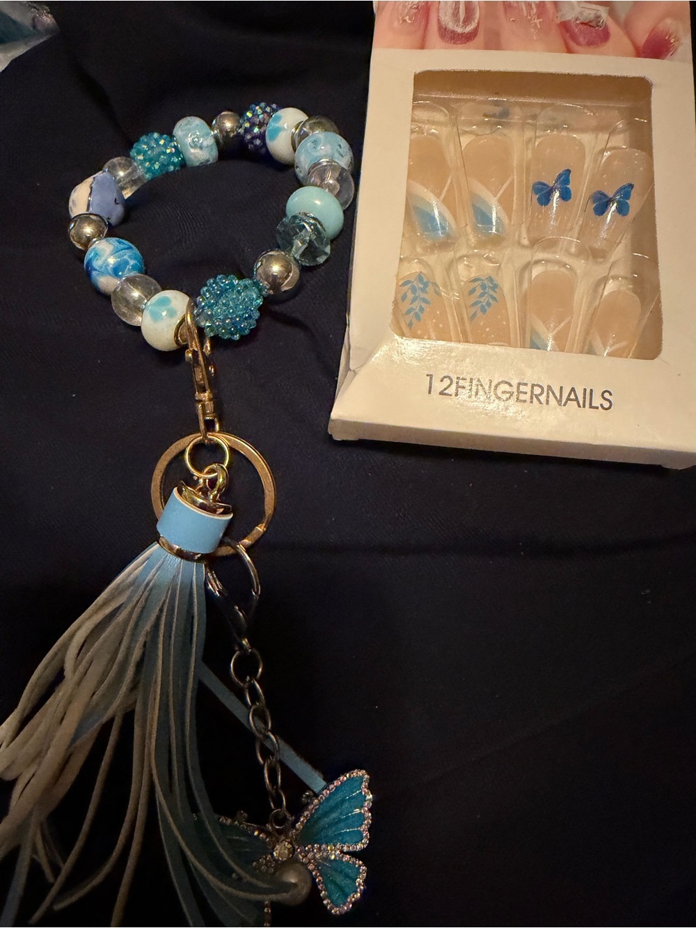 Blue Beaded Tassel Keychain Bracelet - Women Accessories and press on nails